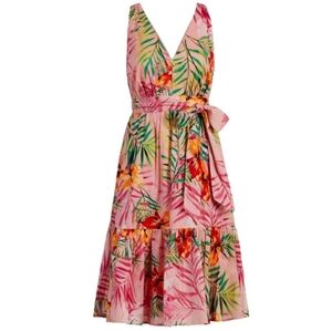 NEW YORK & COMPANY Tropical Floral Print Dress Coral Pink Green Size S